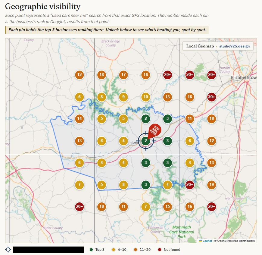 Sample local rank heatmap showing a Leitchfield car dealership ranking #2 at its own location with surrounding points ranging from top 3 to not found